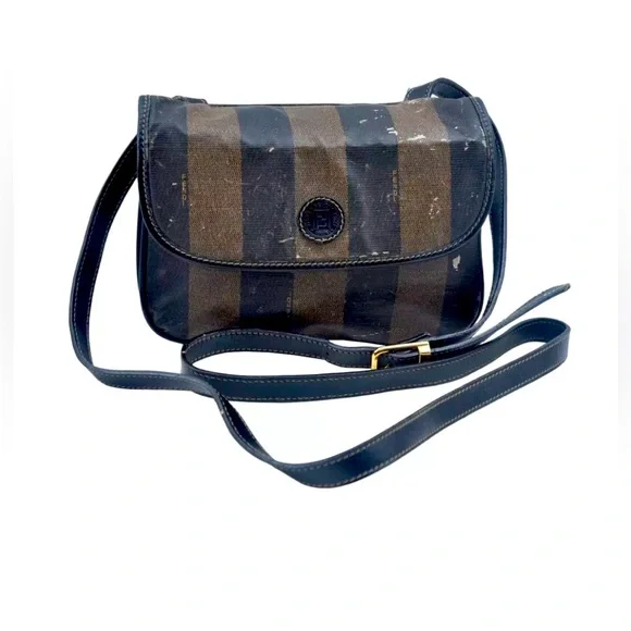 Authentic FENDI Pequin Shoulder Cross Body Bag PVC Leather Brown Black - Picture 1 of 13